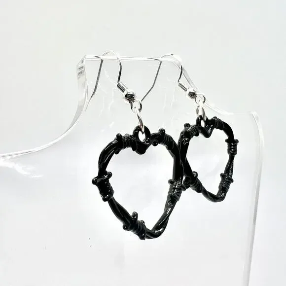 Barbed Heart Earrings - Barb Wire Accessories - Heart Accessory - Black Goth Gif - Picture 2 of 7